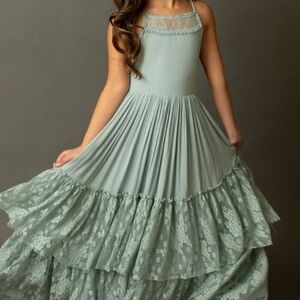 Bohemian Lace Trim Tiered Maxi Dress Sage Green Girls Special Occasion